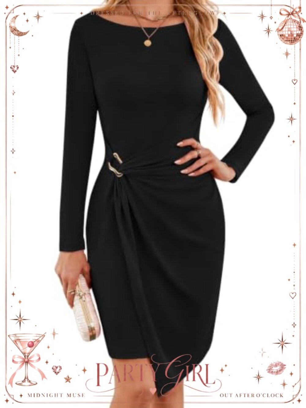 Women's Elegant Bodycon Mini Dress Boat Neck Long Sleeve Cocktail Party